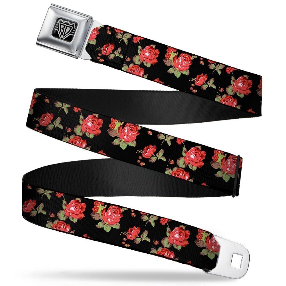 5883 Seatbelt Belt - Red Roses Scattered Black - 1.5" Wide - 32-52 Inches